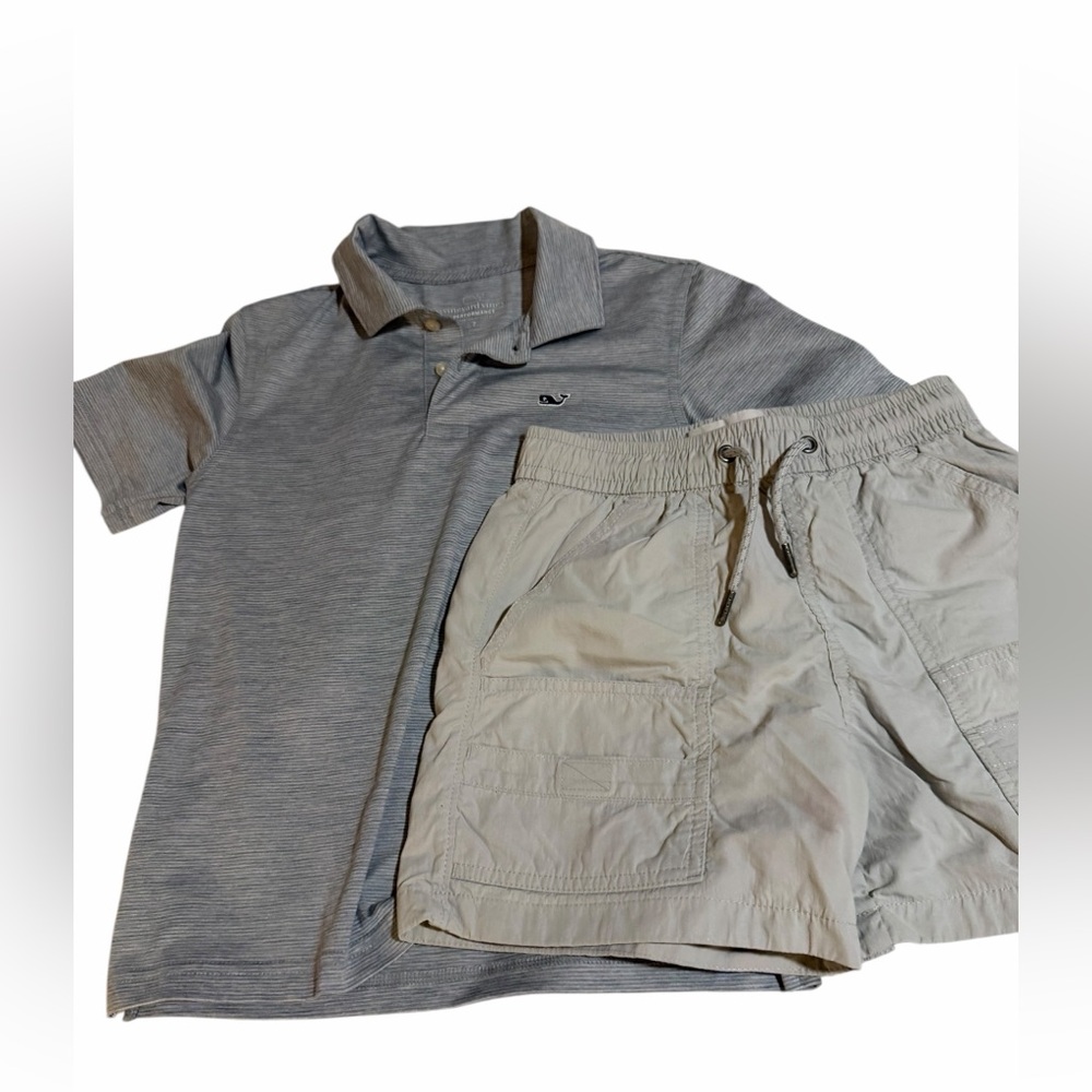 Vineyard Vines Heather Gray Polo and Light Tan Shorts Set